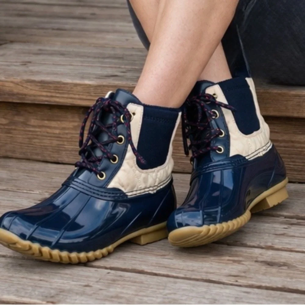 Tommy Hilfiger Hada Duck Boots Women’s 7 Navy White Faux Fur Rain Snow